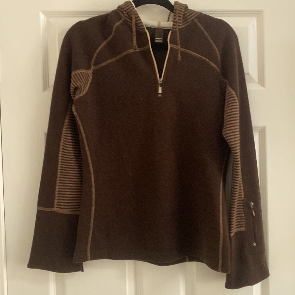 Prana Women’s Brown Hooded Fleece Jacket Sweater Quarter Zip Medium